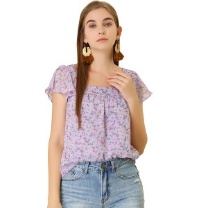INSPIRE CHIC Women's Chiffon Ruffle Sleeve Square Neck Floral Print Blouse - 1 of 4
