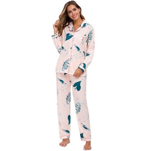 cheibear Women's Satin Silky Button Down Long Sleeve Sleepshirt with Pants 2 Pcs Pajama Set - 1 of 4
