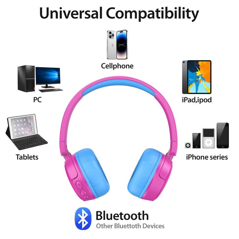 Contixo KB05 Kids Bluetooth Wireless Headphones -Volume Safe Limit 85db -On-The-Ear Adjustable Headset (Pink), 2 of 11