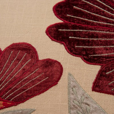 Beige and Red Floral Embroidered Cotton Velvet Throw Pillow