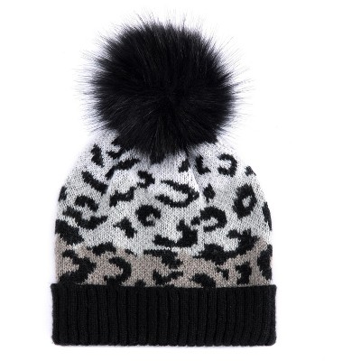 Shiraleah Dara Black Leopard Print Beanie Hat with Pom