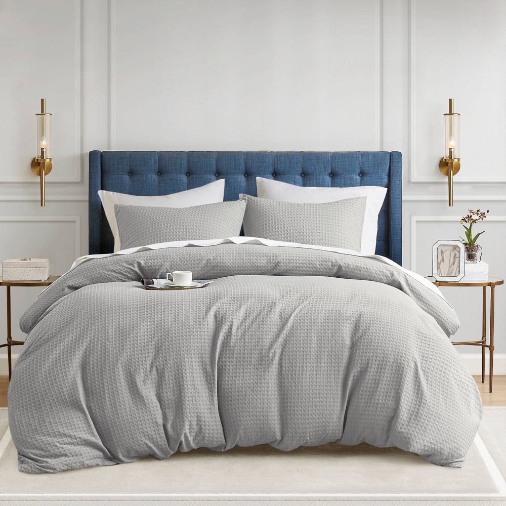 Photos - Bed Linen Twin/Twin Extra Long Mina Waffle Weave Textured Duvet Cover Set Light Gray