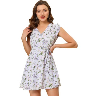Allegra K Women's Boho Crossover V Neck Petal Sleeves Belted Floral Flowy Dress