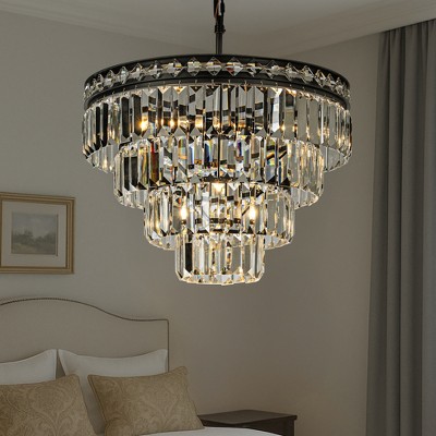 ALOADECOR 18'' Modern Classic Crystal Chandelier With Matte Black Finish 4-Light Tiered Pendant Ceiling Light For Dining Room Foyer Bedroom