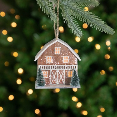 Rustic Brown Lighted House Christmas Ornament with Snowy Trees