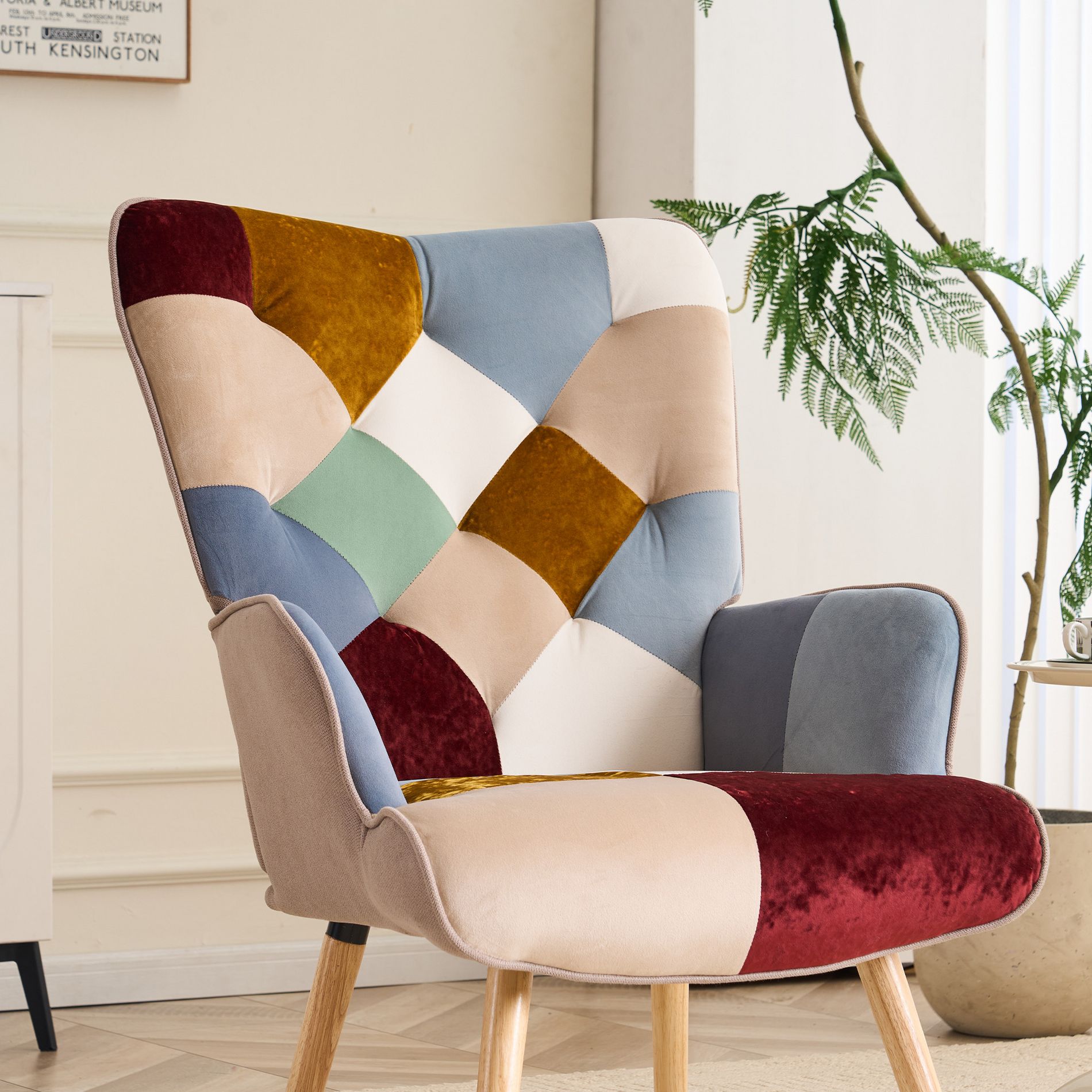 FERPIT Patchwork Upholstered Wingback Accent Chair with Rubberwood Legs, Gold Burgundy Patchwork