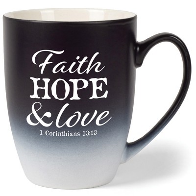 Elanze Designs Faith, Hope & Love 1 Corinthians 13:13 Two Toned Ombre Matte Black and White 12 ounce Ceramic Stoneware Coffee Cup Mug