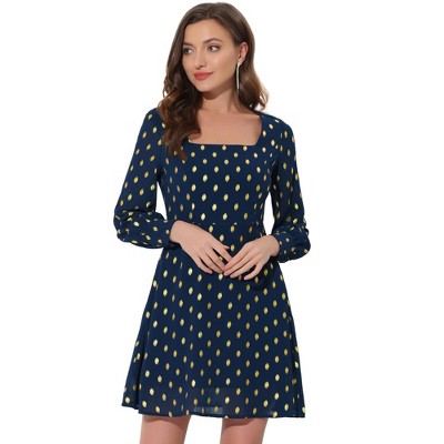 Allegra K Women's Vintage Square Neck Long Puff Sleeve Metallic Dots Print A-Line Dress