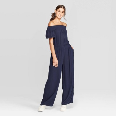 navy off the shoulder jumpsuit