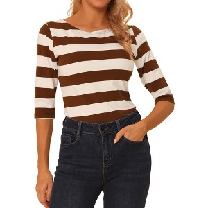 INSPIRE CHIC Women's Stripes Casual Basic Elbow Sleeves Boat Neck Slim Fit T-Shirts - 1 of 4