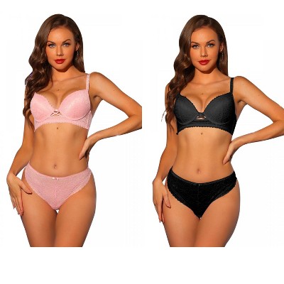 Allegra K Women's Lace Padded Full Coverage Underwire Bra and Panty Set 2 Packs
