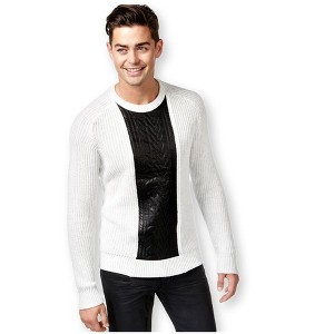 I.N.C International Concepts Mens Faux Leather Cable Knit Pullover Sweater, Grey, Large - 1 of 1
