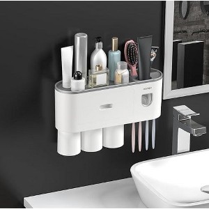 Toothbrush Holders Wall Mounted, Toothbrush Holder with Automatic Toothpaste Dispensers, 6 Brush Slots,Wall-Mounted Toothbrush Cup - 1 of 4
