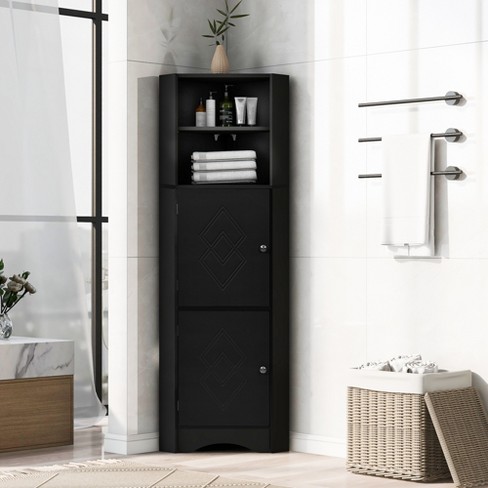 Hastings Home Freestanding Bathroom Storage Cabinet With Slat Door And  Gallery Style Top - White/black : Target