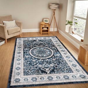 FONTOI Washable Area Rugs with Non-slip Backing, Indoor Vintage Bohemia Rugs with Floral Pattern for Living Room, Navy Blue, 120"*0.31"*96" - 1 of 4