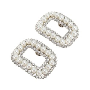 Unique Bargains Pearl Square with Detachable Clip Shoe Accessories Silver Tone White 2 Pcs - 1 of 4