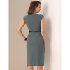 INSPIRE CHIC Women's Elegant Business Round Neck Belted Cap Sleeve Work Sheath Dresses - 3 of 4