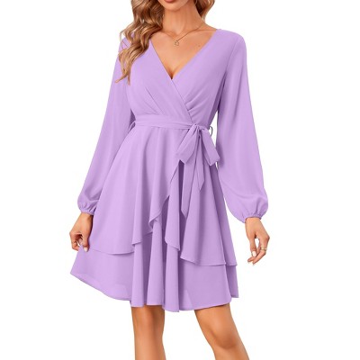 Elegant Dress for Lady Wrap Deep V Neck Dress Long Lantern Sleeve Waist Tie Skater Dress