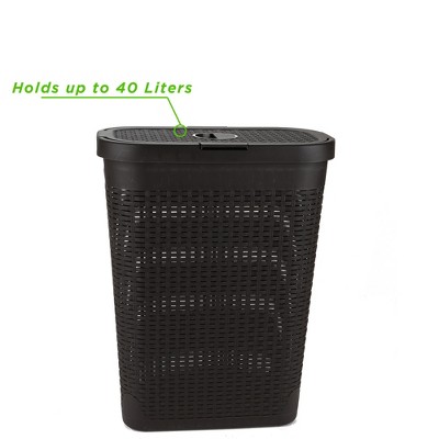 Brown Plastic Wicker Design Collapsible Laundry Basket with Lid