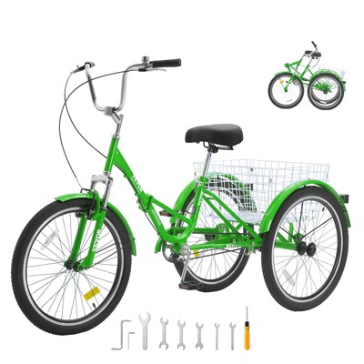 VEVOR Folding Adult Tricycle, 24-Inch Adult Folding Trikes, Carbon Steel 3 Wheel Cruiser Bike with Large Basket & Adjustable Seat