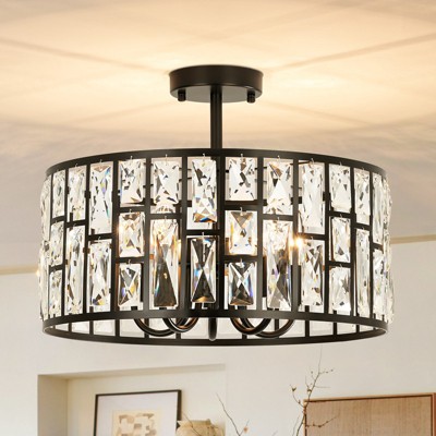 Rennnsan Trivale 17" W 5 - Light Drum Saike Crystal Modern Glam Dimmable Semi Flush Mount in Black