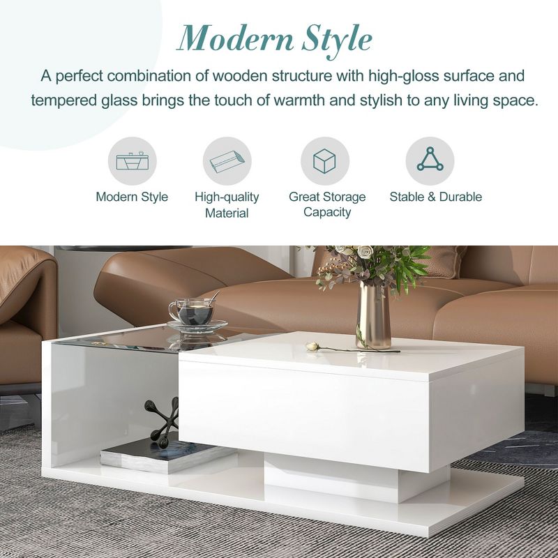 Modern Coffee Table with Tempered Glass, 2-Tier Rectangle Center Cocktail Table with High-gloss UV Surface for Living Room-ModernLuxe, 4 of 15
