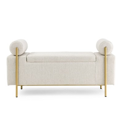 Airsurfer Elegant Upholstered Linen Storage Bench with Cylindrical Arms and Iron Legs, Perfect for Hallway, Living Room, or Bedroom