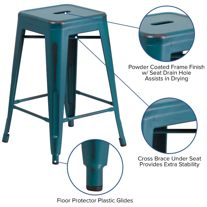 Flash Furniture Commercial Grade 24" High Backless Distressed Metal Indoor-Outdoor Counter Height Stool, 4 of 19