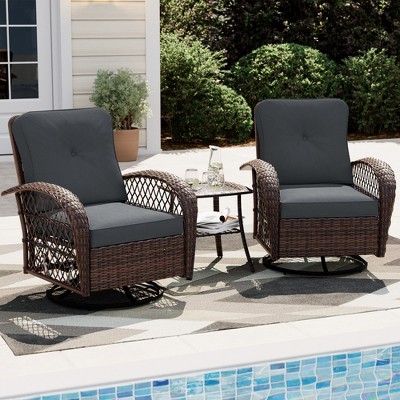 UPHA 3-Piece Patio Outdoor Wicker Swivel Rocking Chair Set with Side Table and Cushions
