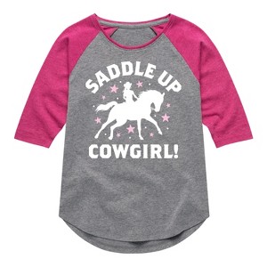 Girls' - Instant Message - Saddle Up Cowgirl Shirt Tail Raglan Graphic T-shirt - 1 of 4