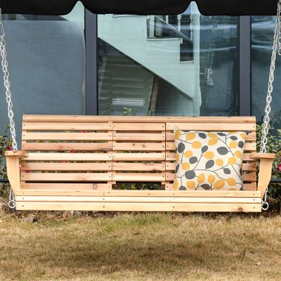 Natural Fir Wood 3-Seater Porch Swing with Folding Table