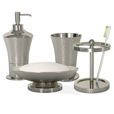 4pc Classic Hammered Metal Bath Accessory Set for Vanity Counter Tops Silver - Nu Steel