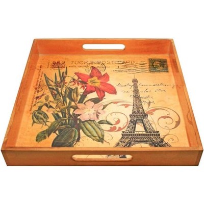Livevie Paris Themed Serving Tray - Elegant 15" Square Platter for Breakfast, Appetizers, Coffee, Bar, and Décor - Wooden with Vibrant Artwork