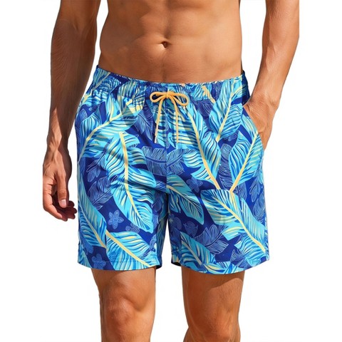 INSPIRE CHIC Men's Summer Tropical Leaf Print Lined Drawstring Swimming Beach Shorts Small Navy Blue