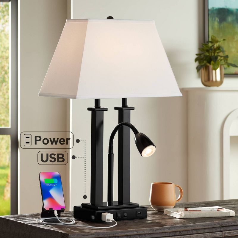 Possini Euro Design Deacon Modern Desk Table Lamp 26" High Black with USB and AC Power Outlet in Base LED Reading Light Oatmeal Shade for Office Desk, 2 of 10