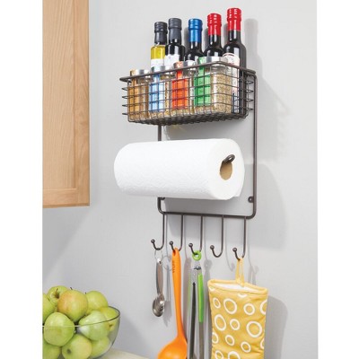 Mdesign Paper Towel Holder With Storage Basket, 5 Hooks For Kitchen
