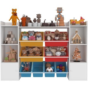 55" Kids Toy Storage Organizer w/8 Removable Bins & Anti-Tip - 2 Cubbies, Floor Cabinet | White/Color Trim/Wood for Playroom, Classroom - 1 of 4