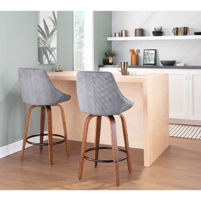 Modern Swivel Corduroy Gray Counter Stools with Walnut Wood Legs - Set of 2