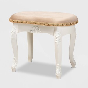 Gabrielle Velvet Fabric Upholstered Wood Vanity Ottoman Sand/White/Gold - Baxton Studio: French-Inspired, Brass Nailhead Detail, Cabriole Legs - 1 of 4