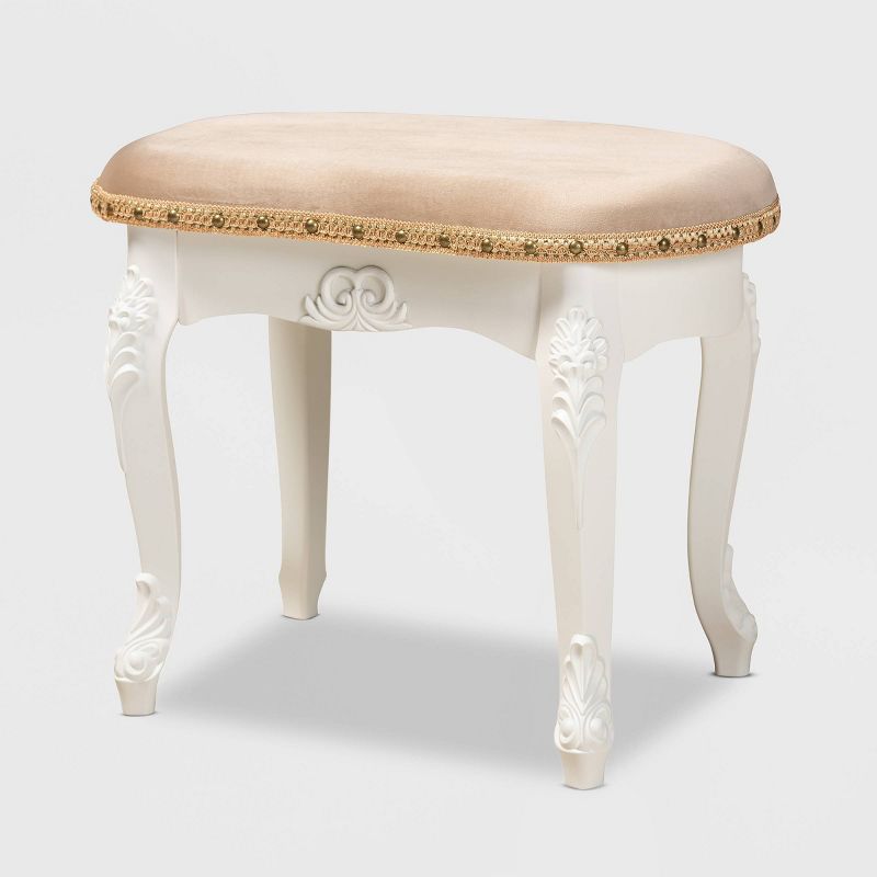 Gabrielle Velvet Fabric Upholstered Wood Vanity Ottoman Sand/White/Gold - Baxton Studio, 1 of 10