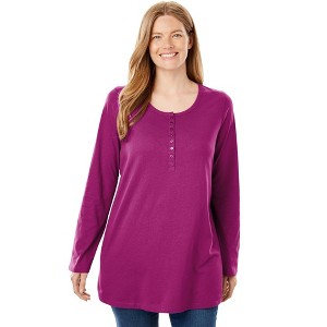 Woman Within Plus Size Perfect Long-Sleeve Henley Tee - 1 of 4