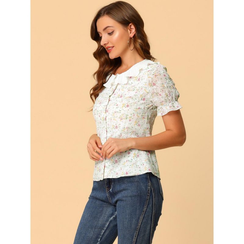 Allegra K Women's Floral Embroidered Shirt Pleated Round Neck Ruffle Peasant Top, 4 of 7