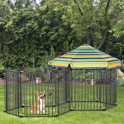 Multicolor Metal Dog Playpen with Striped Canopy and Lockable Door