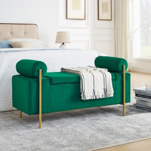 TiramisuBest Elegant Upholstered Storage Bench with Cylindrical Arms, Linen Fabric Ottoman with Iron Legs, White for Hallway Living Room Bedroom - 1 of 4