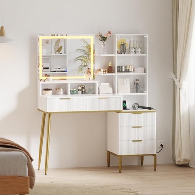 Makeup Vanity Desk with HD Lighted Mirror, Solid Wood Legs, and Power Outlet - Modern Fluted Design with Storage Shelf for Bedroom or Dressing Room