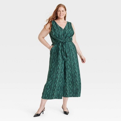 Women's Straight Leg Maxi Jumpsuit - Ava & Viv™ Green Snake Print 2X