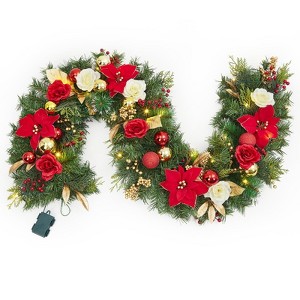 6FT Pre-Lit Christmas Garland with 20 LED Lights, Red and Yellow Floral Garland with Christmas Balls, Holiday Decor for Mantle, Stairs - 1 of 4