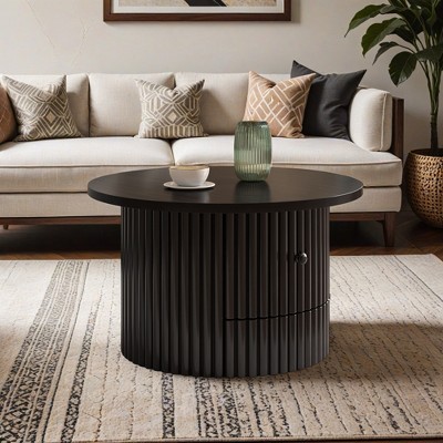 Round Coffee Table for Living Room in Natural, Farmhouse Coffee Table with a Drawer, Center Table with Vertical Slat Base in 30.5" - Leovsnove