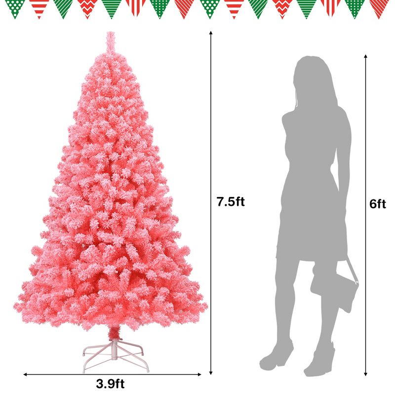 Costway 7.5ft Snow Flocked Hinged Artificial Christmas Tree w/ Metal Stand Pink, 4 of 13