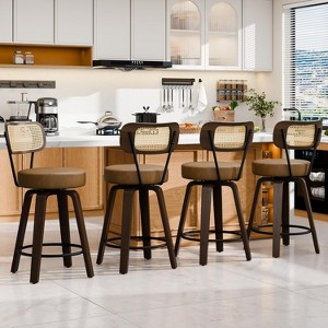 DYHOME 26 Inches Swivel Counter Height Bar Stools with PE Rattan Back, Faux Leather Upholstered Bar Chairs, Set of 4 - 1 of 4
